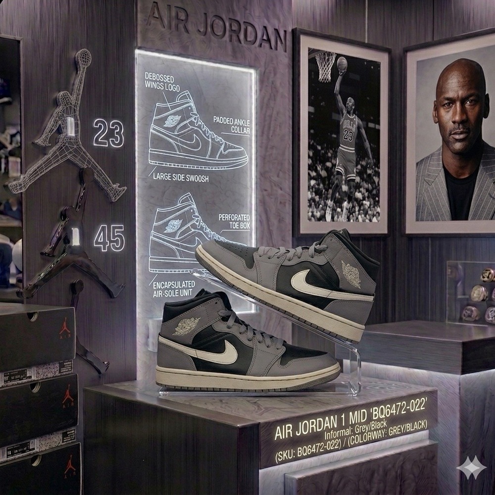 Nike Air Jordan 1 Mid Womens Size 8.5 Shadow Black Grey Sail BQ6472-022